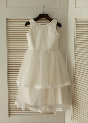 Ivory Cotton Lace Tulle Tiered Flower Girl Dress